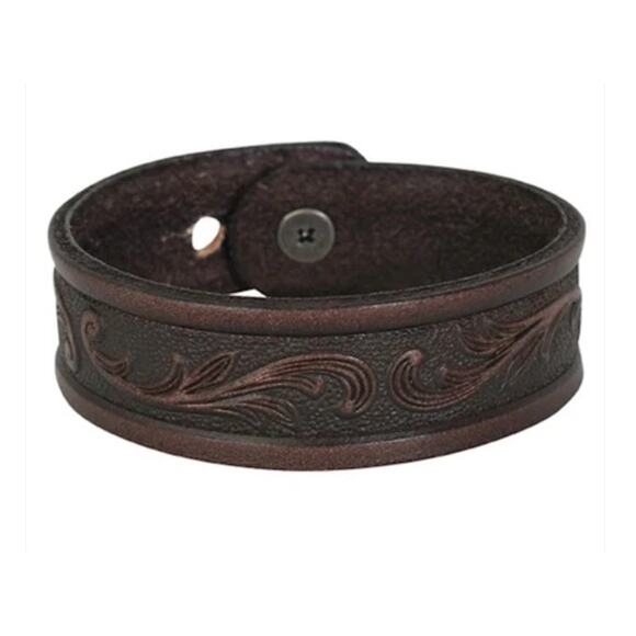 NEW Justin Dark Brown Tooled Leather Western Adjustable Cuff Bracelet - Picture 1 of 3